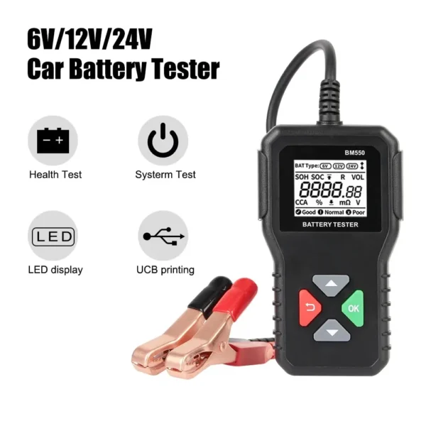 Battery-System-Detect-100-2000-CCA-Car-Battery-Tool-6V-12V-24V-Car-Battery-Tester-Auto-600x600 Battery System Detect 100-2000 CCA Car Battery Tool 6V 12V 24V Car Battery Tester Auto Battery Analyzer BM550 Black - Image 1